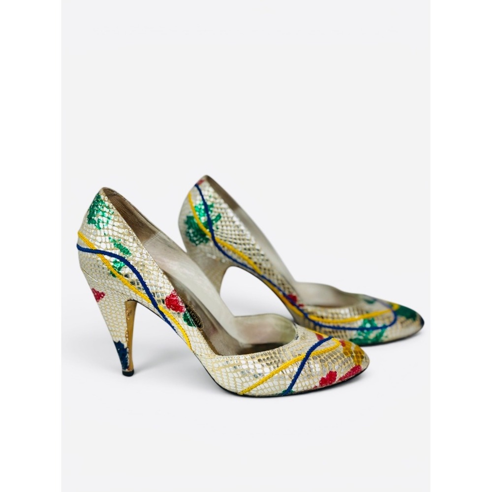 Carlos Fiori 80s Designer Statement Sliver Snakeskin Multicolor Pointed Pumps 7